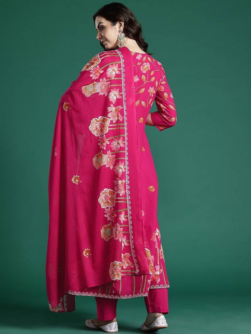 Floral Printed Regular Pure Cotton Kurta with Trousers & Dupatta