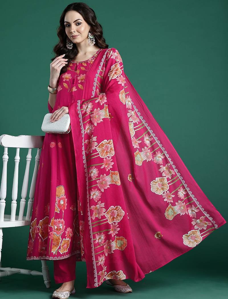 Floral Printed Regular Pure Cotton Kurta with Trousers & Dupatta