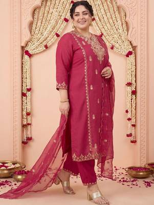 Plus Size Maroon Embroidered Straight Kurta Trousers With Dupatta Set 1