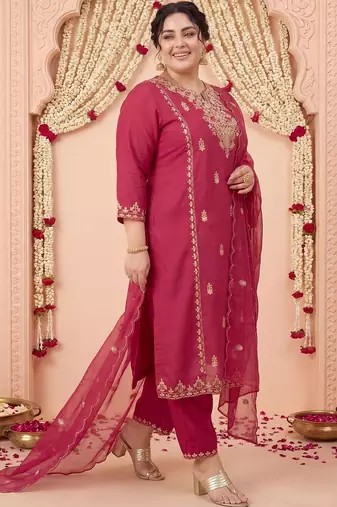 Plus Size Maroon Embroidered Straight Kurta Trousers With Dupatta Set