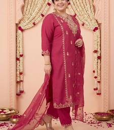 Plus Size Maroon Embroidered Straight Kurta Trousers With Dupatta Set