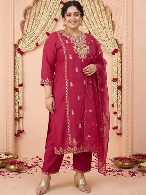 Plus Size Maroon Embroidered Straight Kurta Trousers With Dupatta Set 2