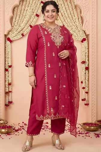 Plus Size Maroon Embroidered Straight Kurta Trousers With Dupatta Set