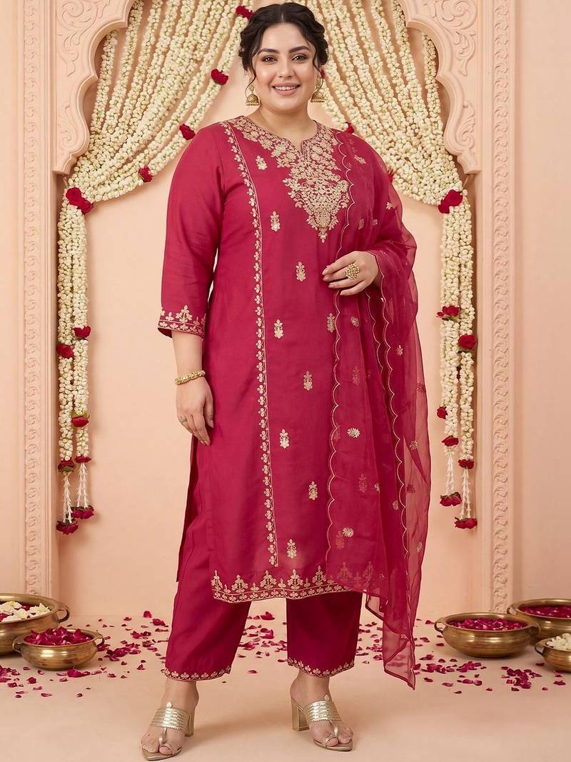 Plus Size Maroon Embroidered Straight Kurta Trousers With Dupatta Set