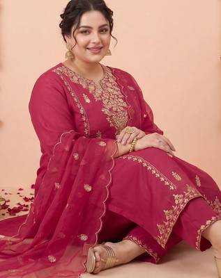 Plus Size Maroon Embroidered Straight Kurta Trousers With Dupatta Set 3