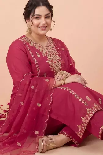 Plus Size Maroon Embroidered Straight Kurta Trousers With Dupatta Set