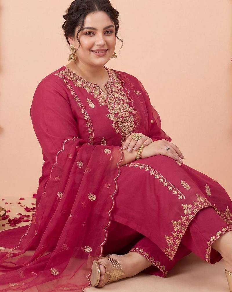 Plus Size Maroon Embroidered Straight Kurta Trousers With Dupatta Set