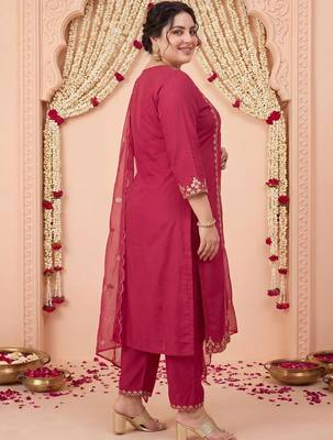 Plus Size Maroon Embroidered Straight Kurta Trousers With Dupatta Set 4