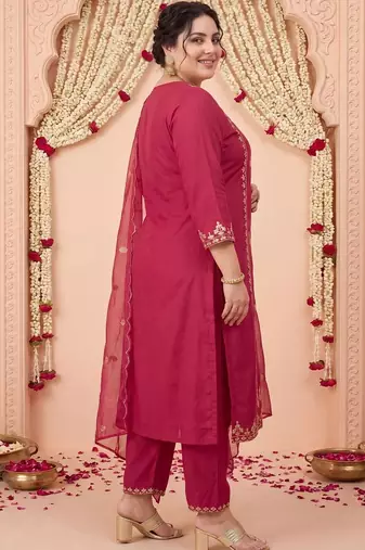 Plus Size Maroon Embroidered Straight Kurta Trousers With Dupatta Set