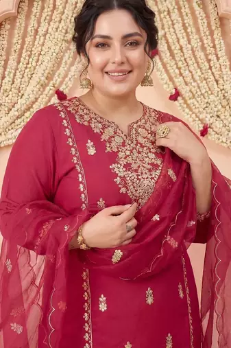 Plus Size Maroon Embroidered Straight Kurta Trousers With Dupatta Set