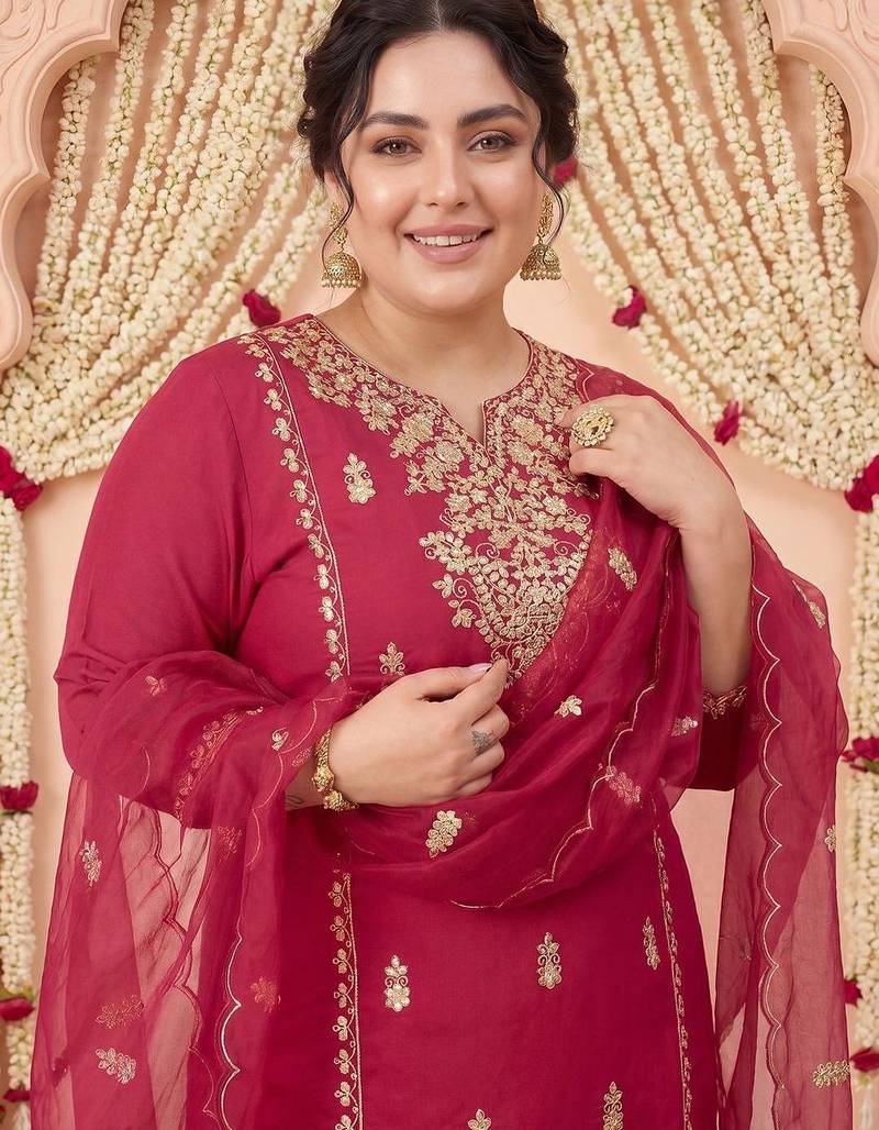 Plus Size Maroon Embroidered Straight Kurta Trousers With Dupatta Set