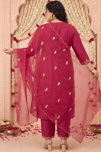 Plus Size Maroon Embroidered Straight Kurta Trousers With Dupatta Set