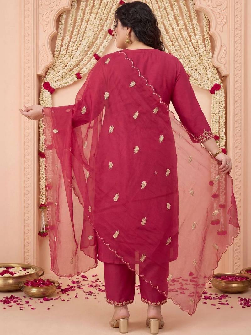 Plus Size Maroon Embroidered Straight Kurta Trousers With Dupatta Set