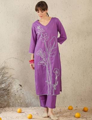 Floral Embroidered V-Neck Straight Thread Work Pure Cotton Kurta With Trouser 1