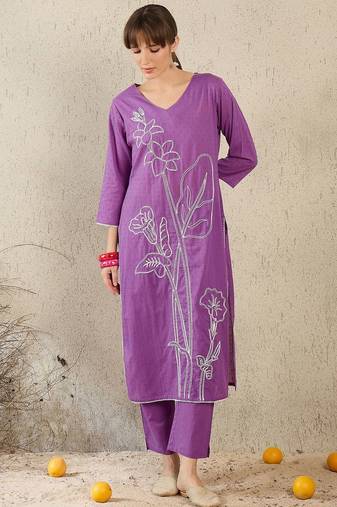 Floral Embroidered V-Neck Straight Thread Work  Cotton Kurta With Trouser