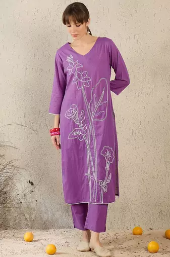Floral Embroidered V-Neck Straight Thread Work Pure Cotton Kurta With Trouser
