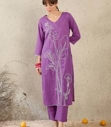 Floral Embroidered V-Neck Straight Thread Work  Cotton Kurta With Trouser