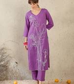 Floral Embroidered V-Neck Straight Thread Work Pure Cotton Kurta With Trouser
