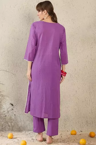 Floral Embroidered V-Neck Straight Thread Work Pure Cotton Kurta With Trouser