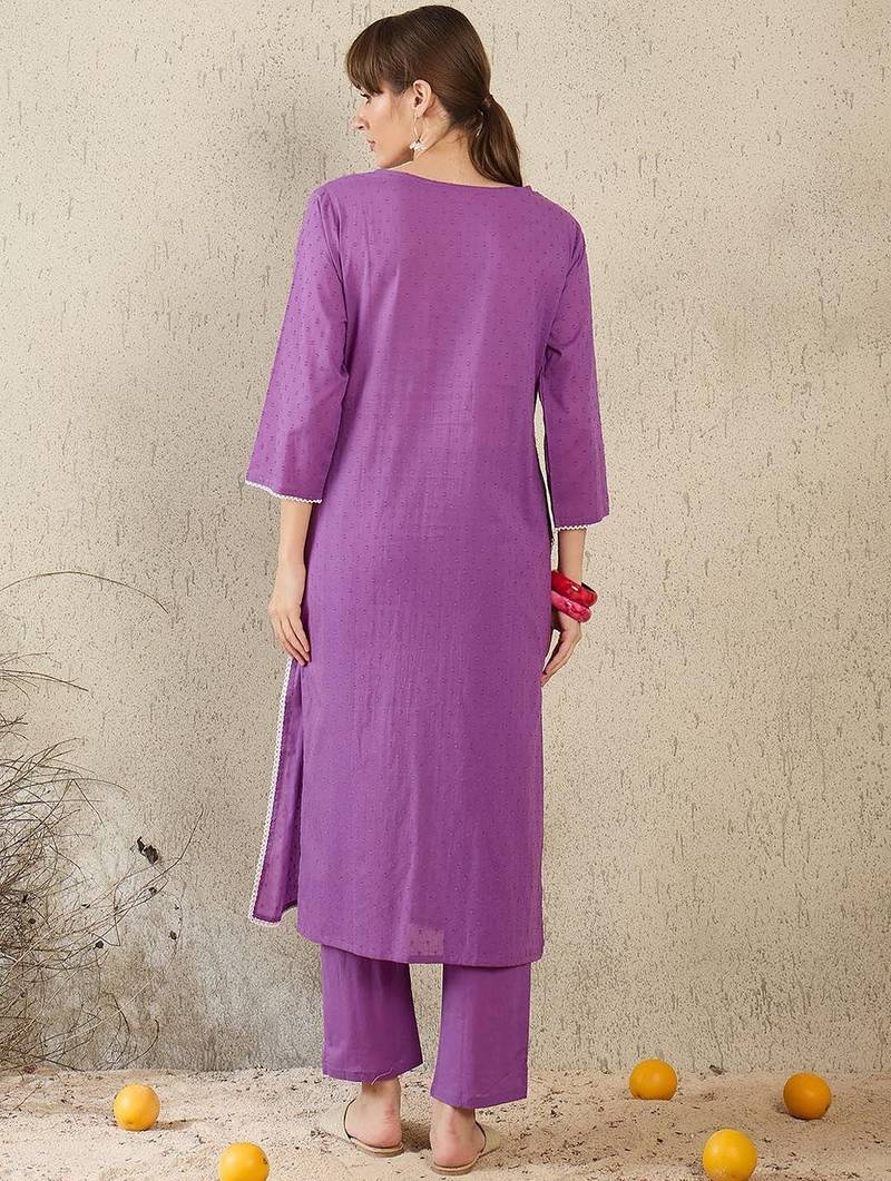 Floral Embroidered V-Neck Straight Thread Work Pure Cotton Kurta With Trouser