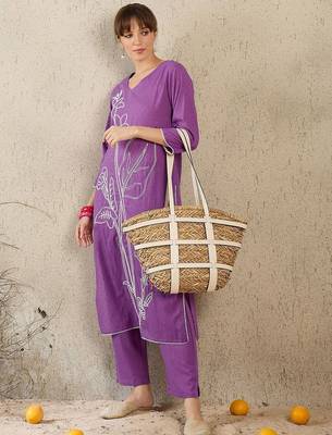 Floral Embroidered V-Neck Straight Thread Work Pure Cotton Kurta With Trouser 5