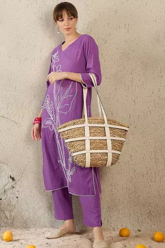 Floral Embroidered V-Neck Straight Thread Work Pure Cotton Kurta With Trouser