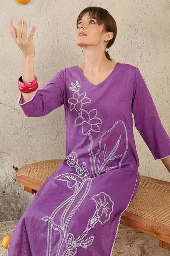 Floral Embroidered V-Neck Straight Thread Work Pure Cotton Kurta With Trouser