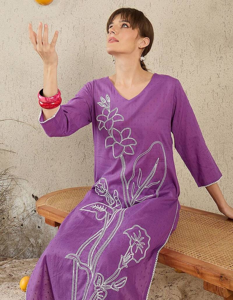 Floral Embroidered V-Neck Straight Thread Work Pure Cotton Kurta With Trouser