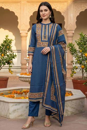 Women Ethnic Motifs Printed Regular Pure Cotton Kurta with Trousers & With Dupatta