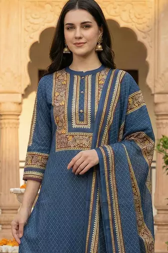 Women Ethnic Motifs Printed Regular Pure Cotton Kurta with Trousers & With Dupatta