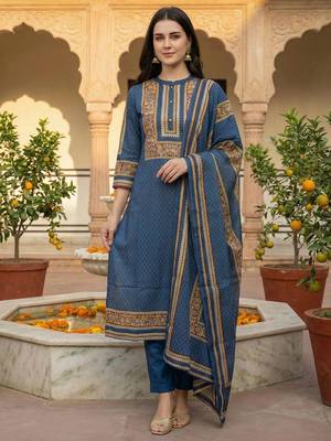 Women Ethnic Motifs Printed Regular Pure Cotton Kurta with Trousers & With Dupatta 5