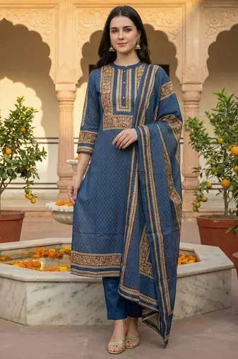 Women Ethnic Motifs Printed Regular Pure Cotton Kurta with Trousers & With Dupatta