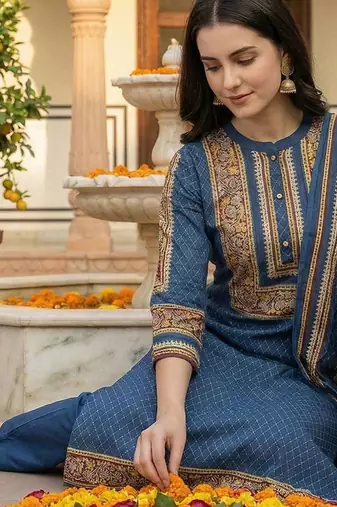 Women Ethnic Motifs Printed Regular Pure Cotton Kurta with Trousers & With Dupatta