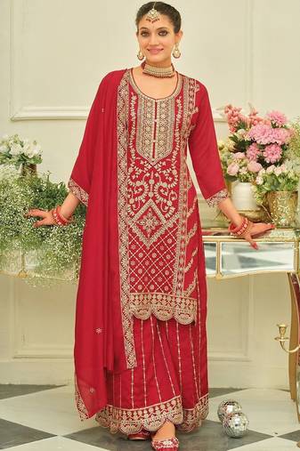 Ethnic Motifs Embroidered Straight Kurta With Sharara & Dupatta