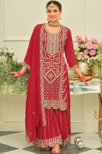 Ethnic Motifs Embroidered Straight Kurta With Sharara & Dupatta