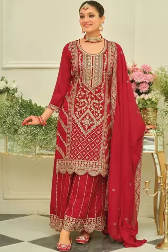 Ethnic Motifs Embroidered Straight Kurta With Sharara & Dupatta