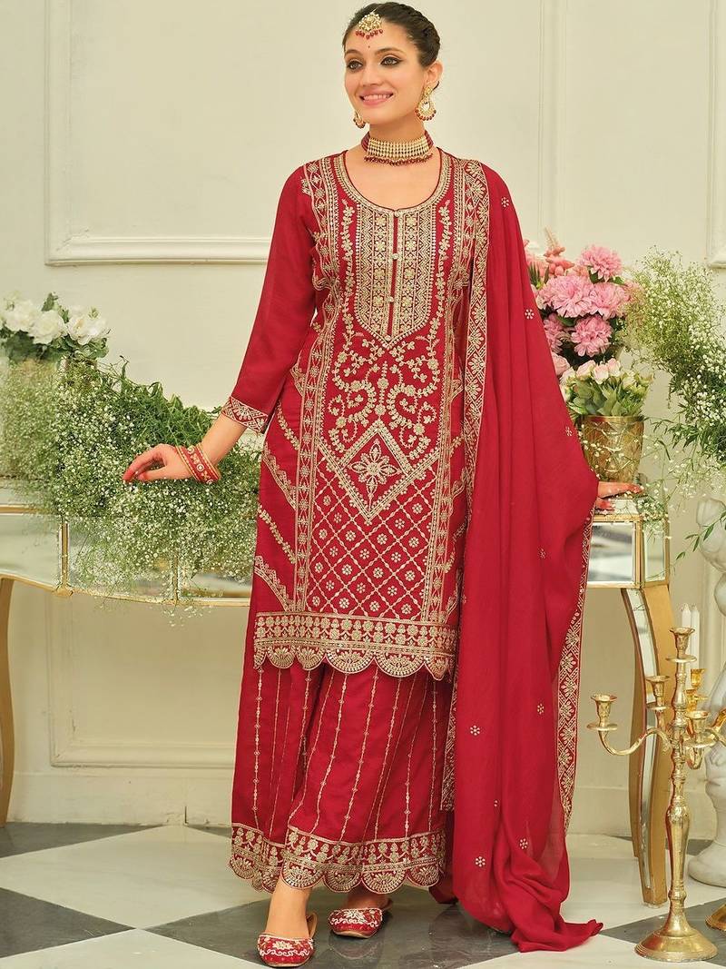 Ethnic Motifs Embroidered Straight Kurta With Sharara & Dupatta