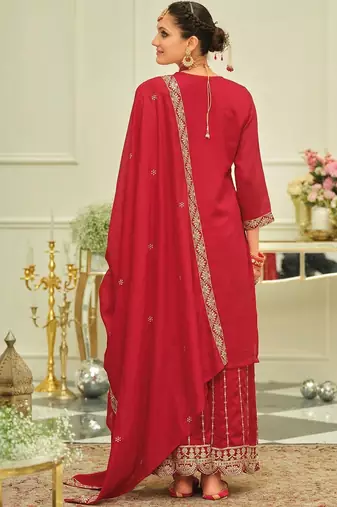 Ethnic Motifs Embroidered Straight Kurta With Sharara & Dupatta