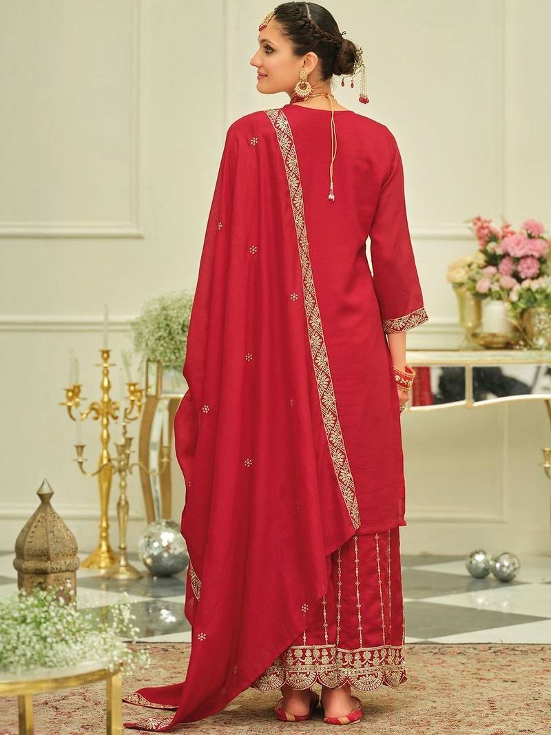 Ethnic Motifs Embroidered Straight Kurta With Sharara & Dupatta