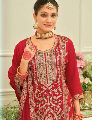 Ethnic Motifs Embroidered Straight Kurta With Sharara & Dupatta 4