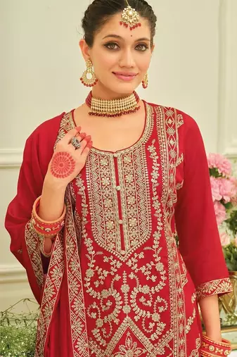 Ethnic Motifs Embroidered Straight Kurta With Sharara & Dupatta