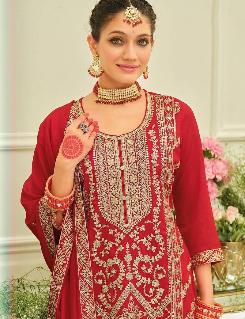 Ethnic Motifs Embroidered Straight Kurta With Sharara & Dupatta