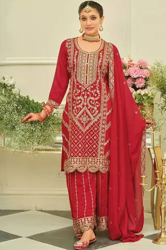 Ethnic Motifs Embroidered Straight Kurta With Sharara & Dupatta