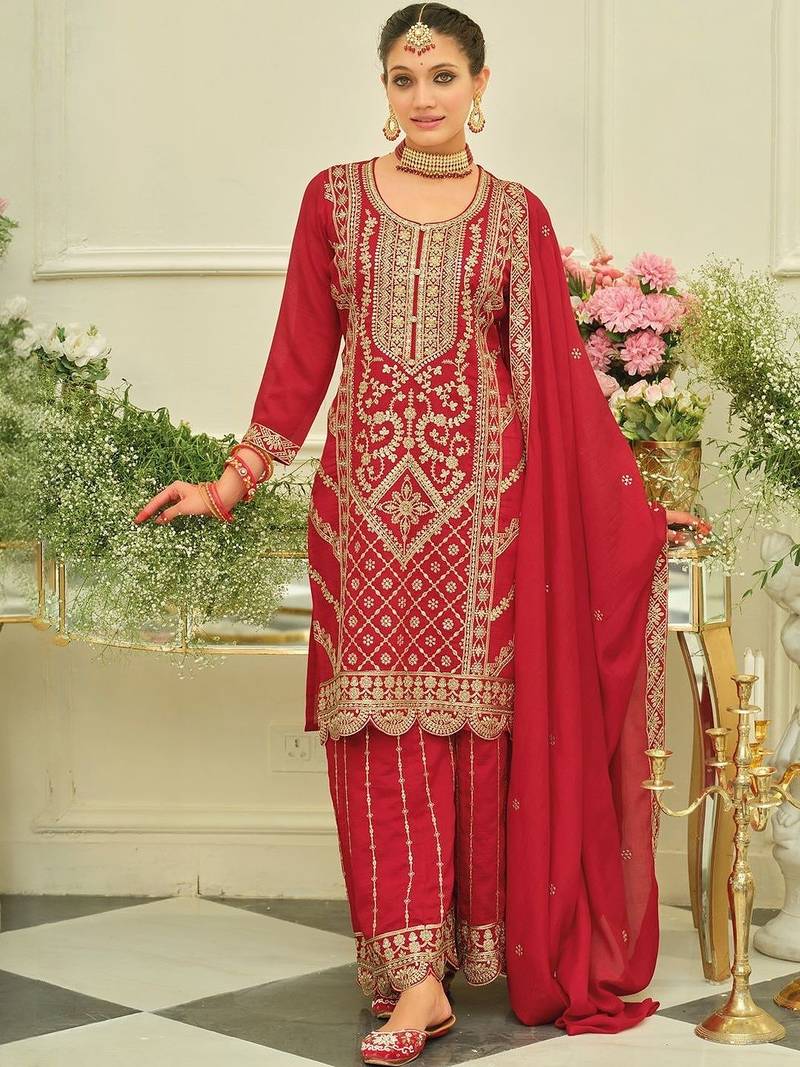 Ethnic Motifs Embroidered Straight Kurta With Sharara & Dupatta