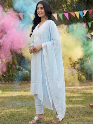 Women Ethnic Motifs Embroidered Regular Thread Work Pure Cotton Kurta with Trousers & With Dupatta 1