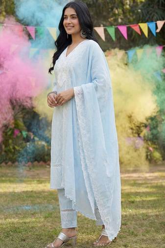 Women Ethnic Motifs Embroidered Regular Thread Work Pure Cotton Kurta with Trousers & With Dupatta