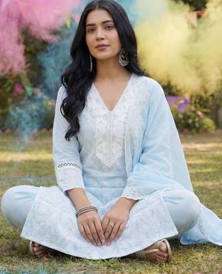 Women Ethnic Motifs Embroidered Regular Thread Work Pure Cotton Kurta with Trousers & With Dupatta 2