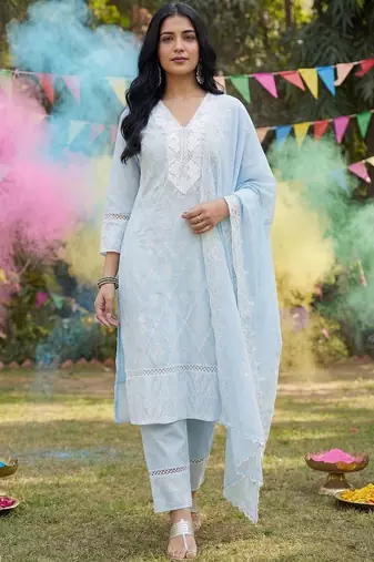 Women Ethnic Motifs Embroidered Regular Thread Work Pure Cotton Kurta with Trousers & With Dupatta