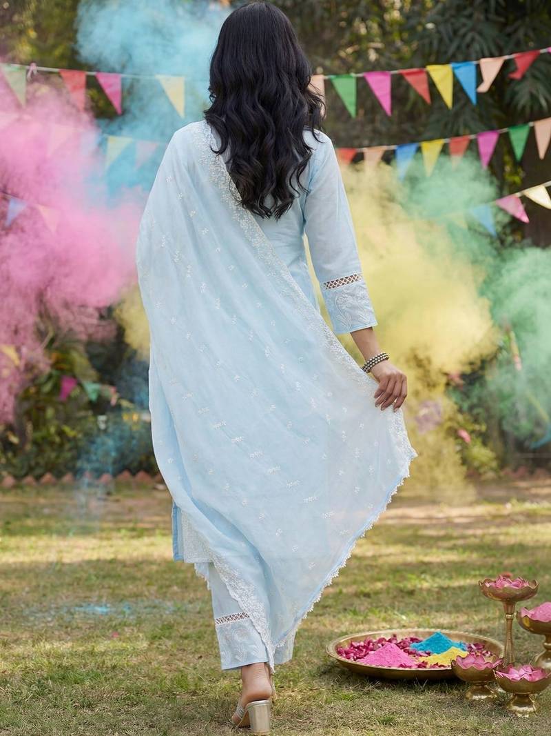 Women Ethnic Motifs Embroidered Regular Thread Work Pure Cotton Kurta with Trousers & With Dupatta