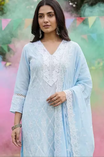 Women Ethnic Motifs Embroidered Regular Thread Work Pure Cotton Kurta with Trousers & With Dupatta